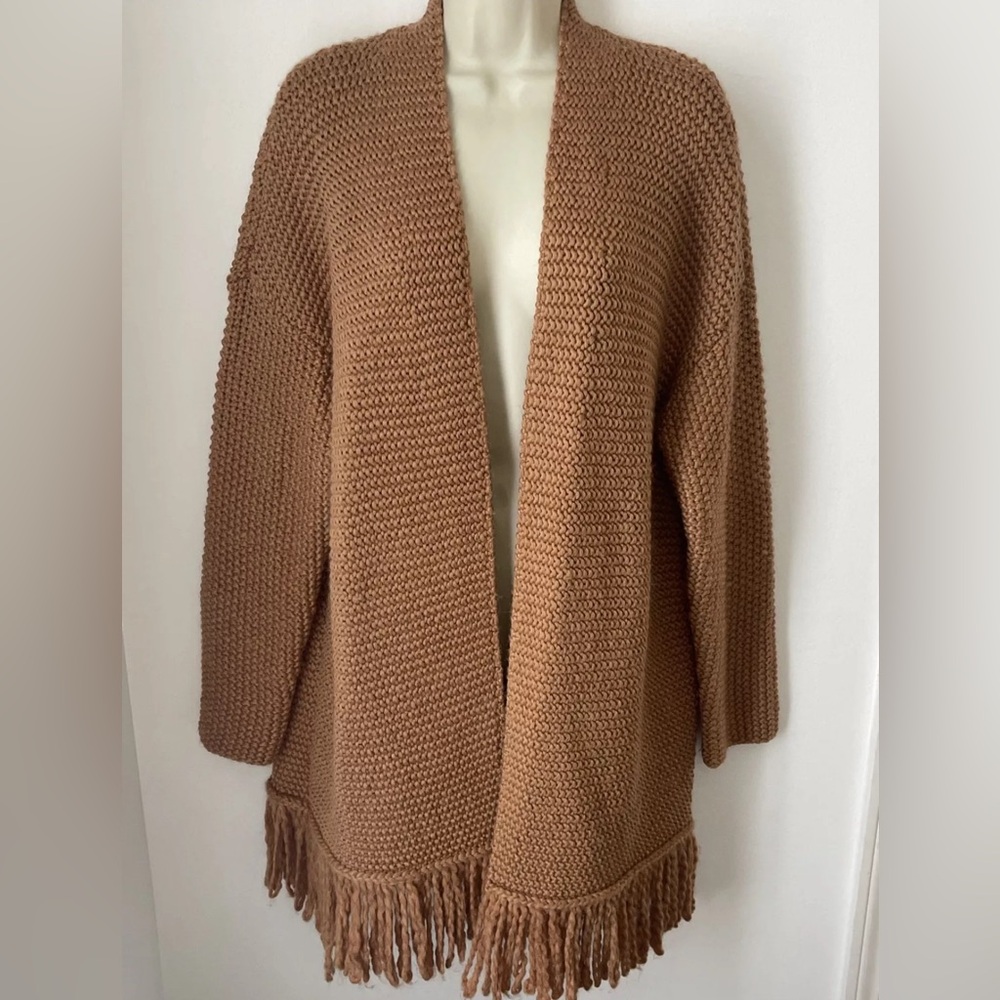 Women’s J. Jill Chunky Cardigan Sweater Open Front Fringe Hem Sz M